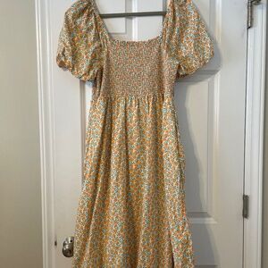 J Crew print puffy sleeve smocked bodice flowing dress L